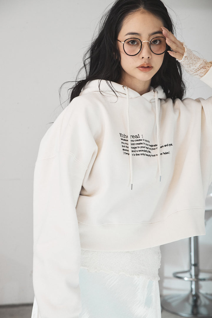 [SET]裏起毛レタリング刺繍フーディショートプルオーバー+裾レースデザインサテンスカート(2set)