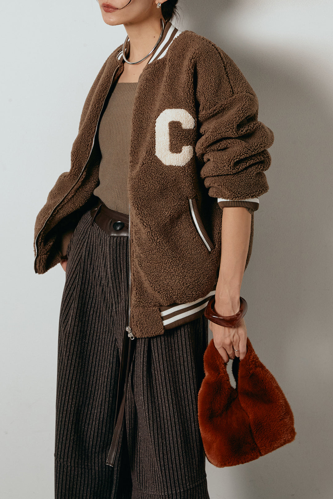 [SET]ロゴスタジャンボアブルゾン+レザーライク配色ストライプパンツ(2set)