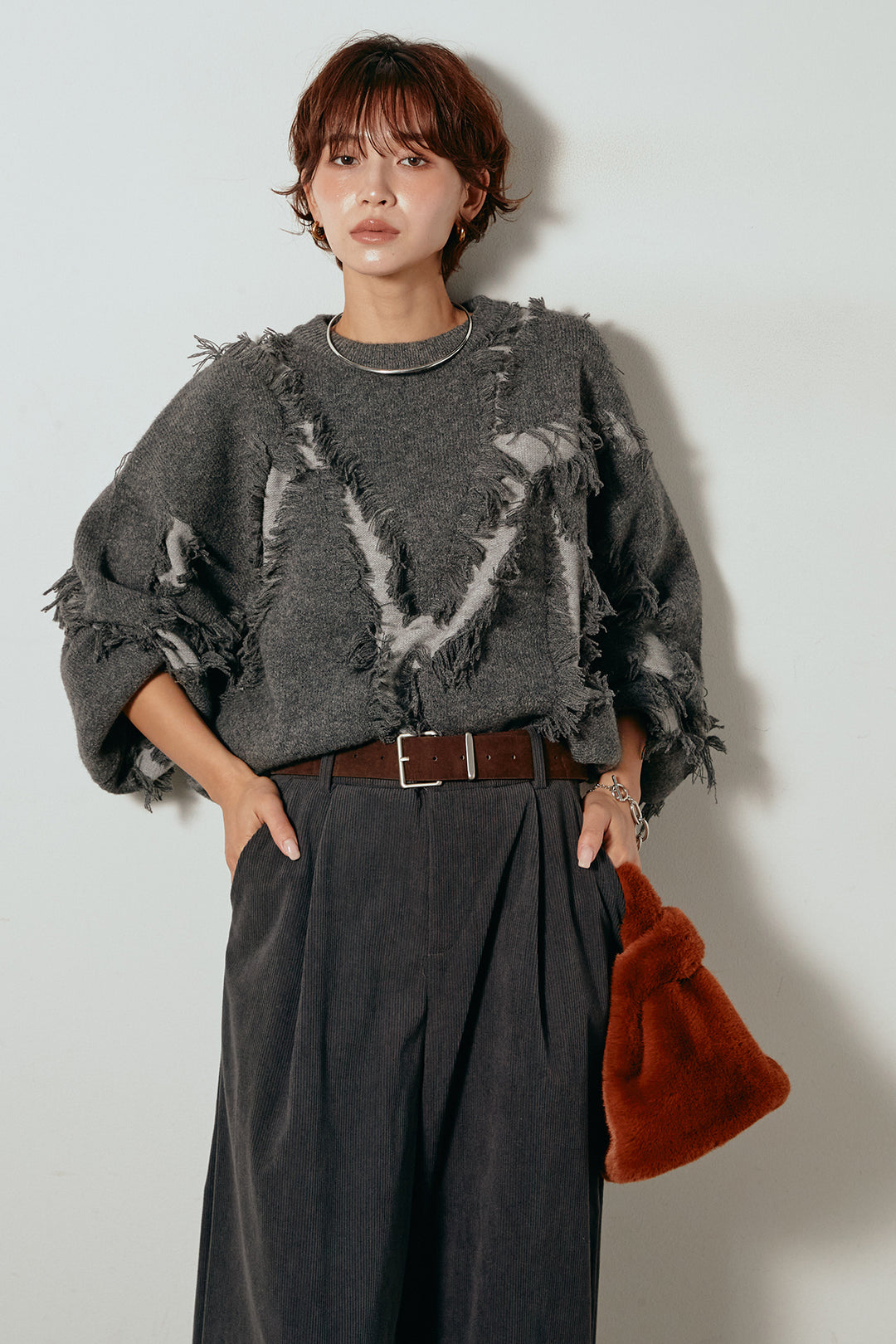 [SET]シャギージャガードニットトップス+太ベルト付きコーデュロイタックパンツ(2set)