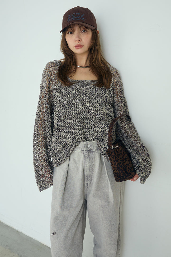 [SET]メッシュ編みビスチェセットVネックプルオーバー+カラーデニムタックカーブパンツ(2set)