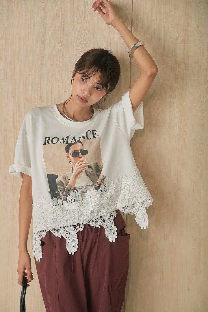 [SET]裾レース付きワイドグラフィックT+カットオフポケット裾ドロストパンツ(2set)