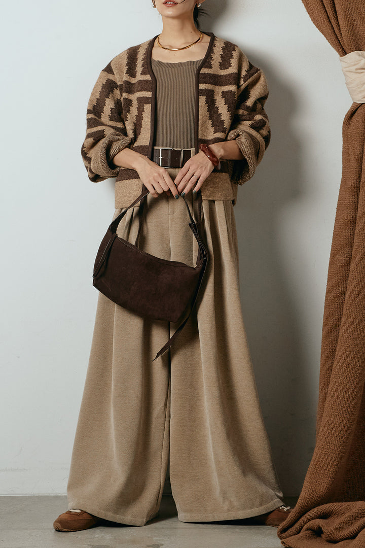 [SET]ノーカラー幾何学模様アウター+ベルトループコーデュロイワイドパンツ(2set)