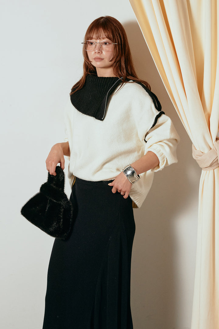 [SET]ハイネックジップデザインニットトップス+サイド切り替えリブニットロングスカート(2set)