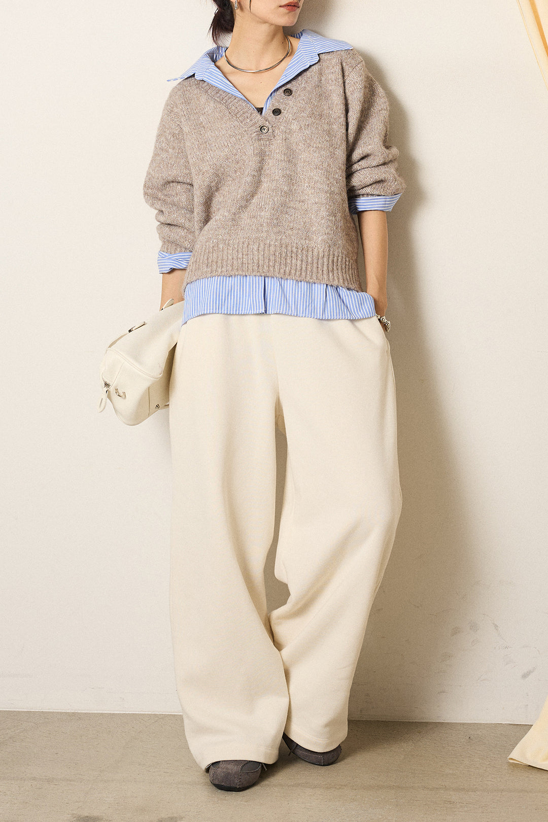 [SET]ストライプシャツドッキングニットポロトップス+裏起毛スウェットワイドパンツ(2set)