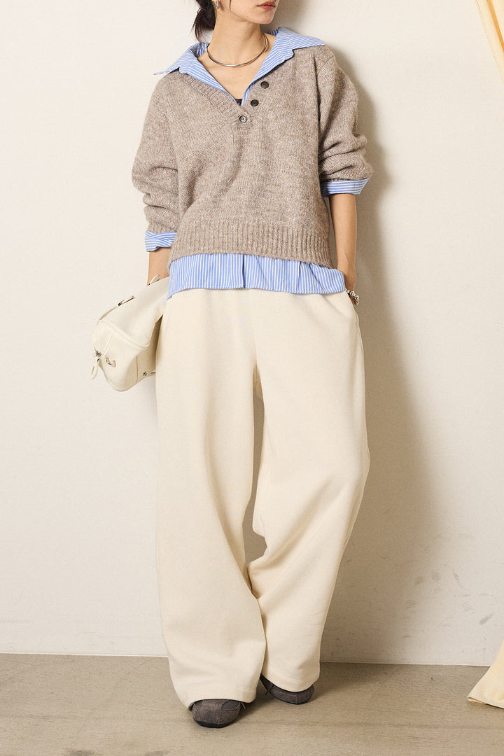 [SET]ストライプシャツドッキングニットポロトップス+裏起毛スウェットワイドパンツ(2set)