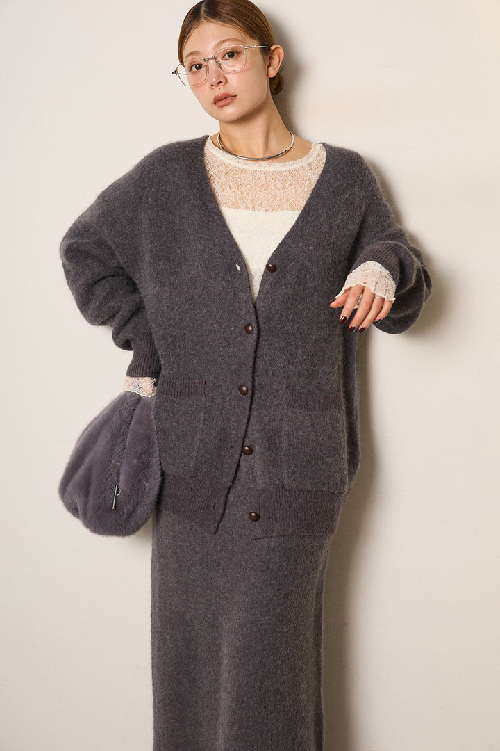 [SET]丸ボタン起毛ニットカーディガン+起毛ニットロングスカート(2set)