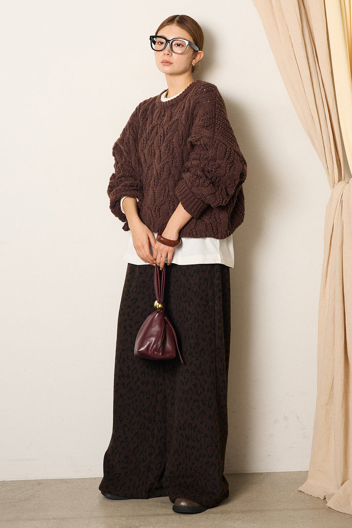 [SET]ケーブルリラックスショートニット+レオパードジャガードニットパンツ(2set)