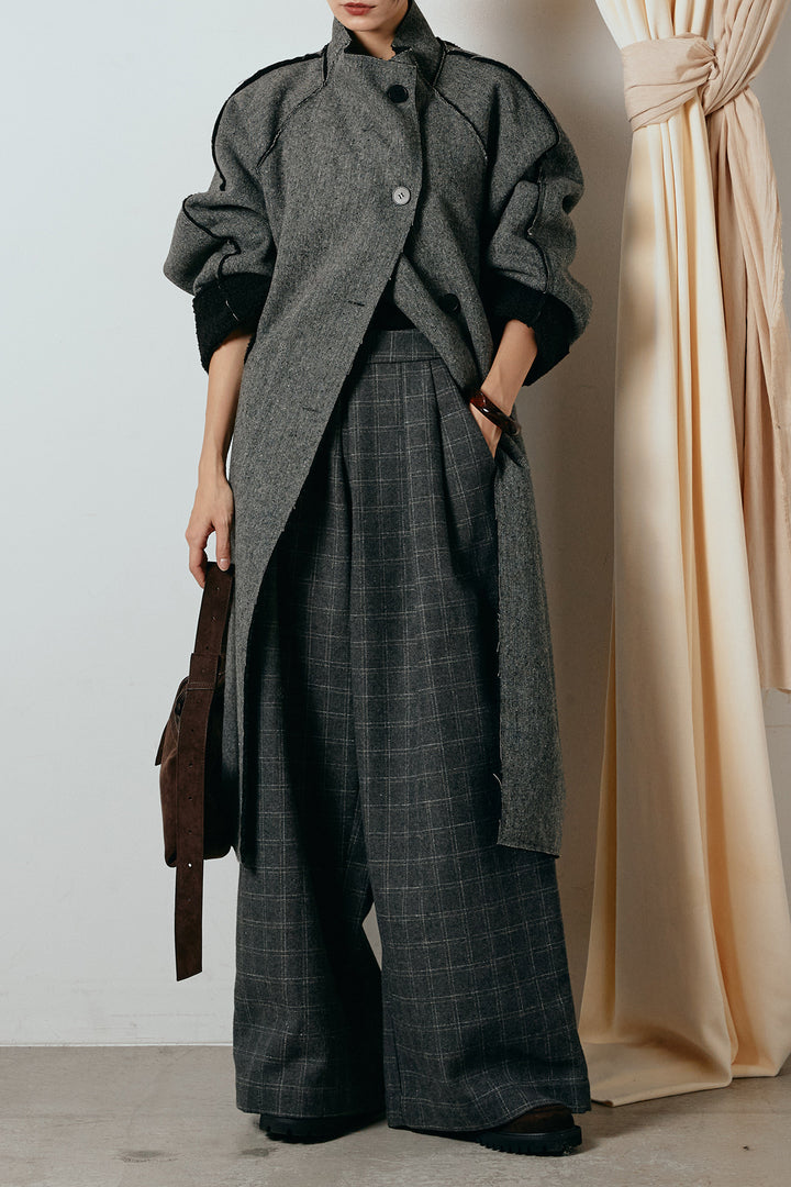 [SET]裏地ボアハイネックロングアウター+ウールライクチェックタックパンツ(2set)