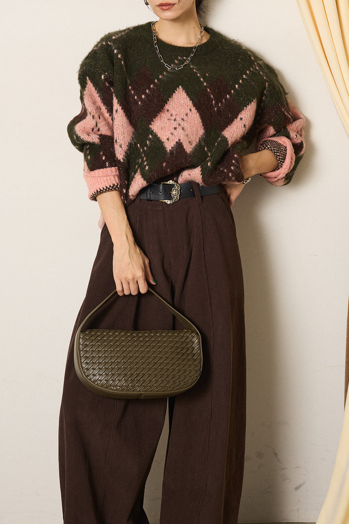 [SET]配色アーガイル柄ニットトップス+ベルト付きコーデュロイワイドパンツ(2set)