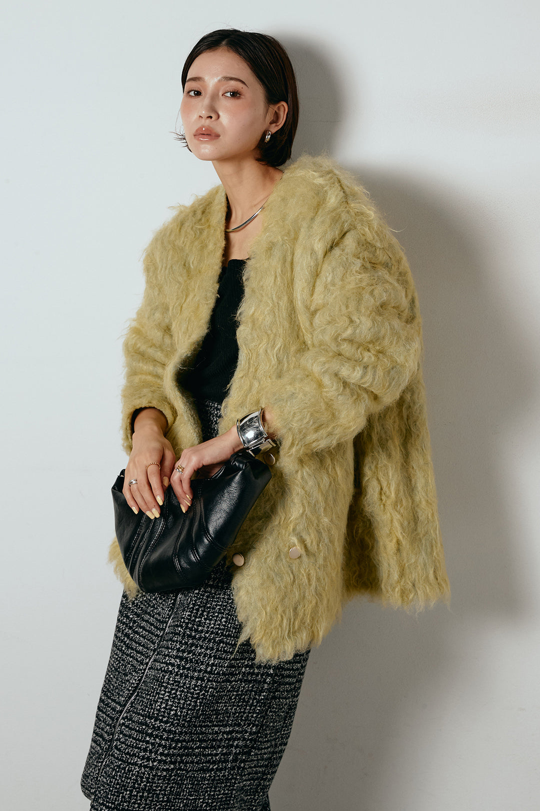 [SET]ウェーブシャギーニットジャケット+グレンチェック柄フロントジップタイトスカート(2set)