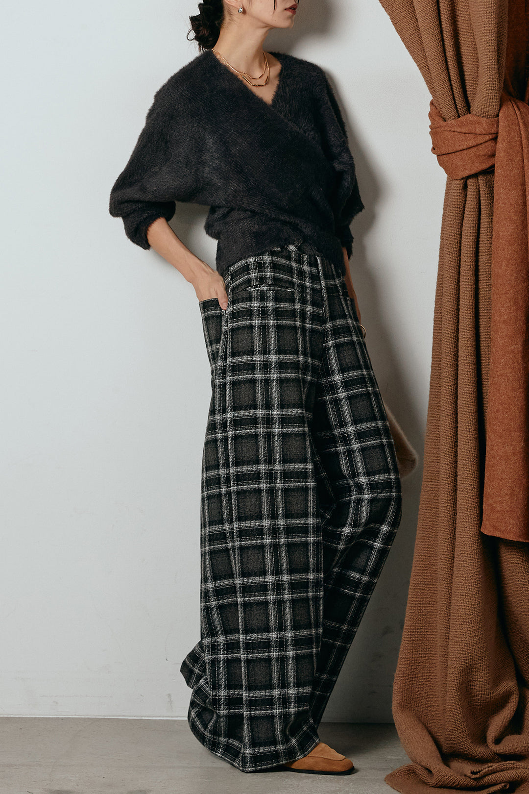 [SET]シャギーカシュクールニットトップス+ルーズタータンチェックワイドパンツ(2set)