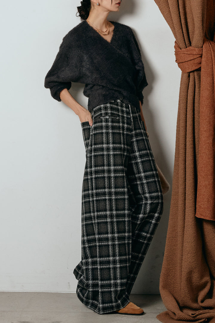 [SET]シャギーカシュクールニットトップス+ルーズタータンチェックワイドパンツ(2set)