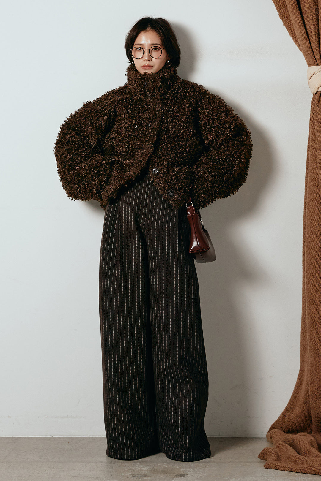 [SET]プードルファーミドルジャケット+ウールライクストライプパンツ(2set)