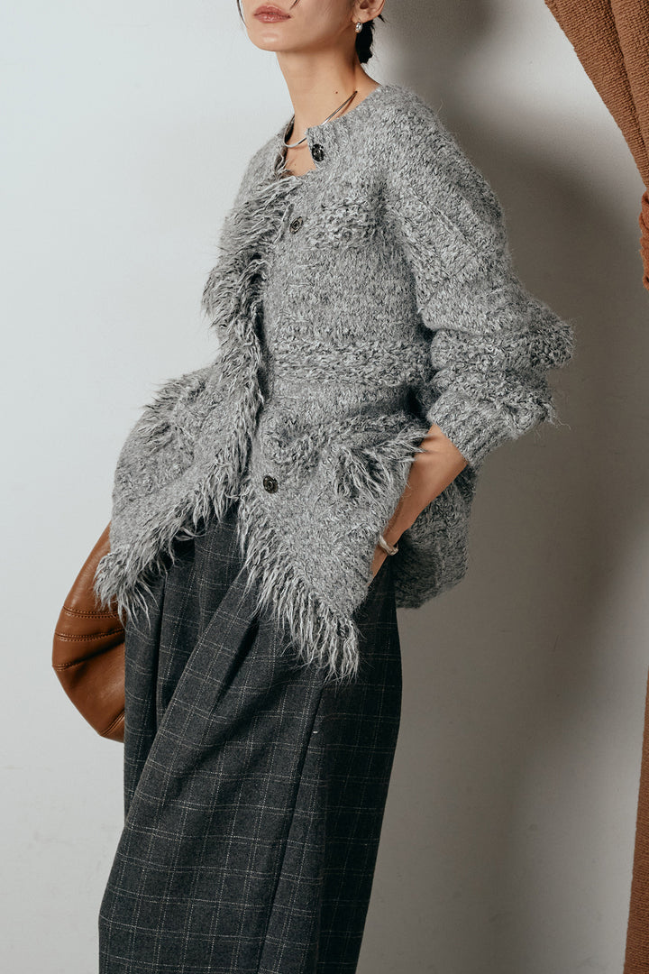 [SET]フリンジニットカーディガン+ウールライクチェックタックパンツ(2set)