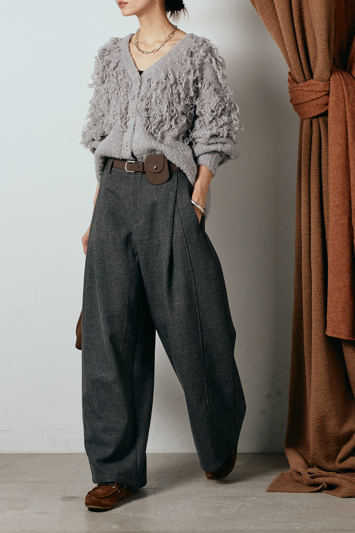 [SET]ループ編みVネックニットカーディガン+ポーチベルト付きカーブパンツ(2set)