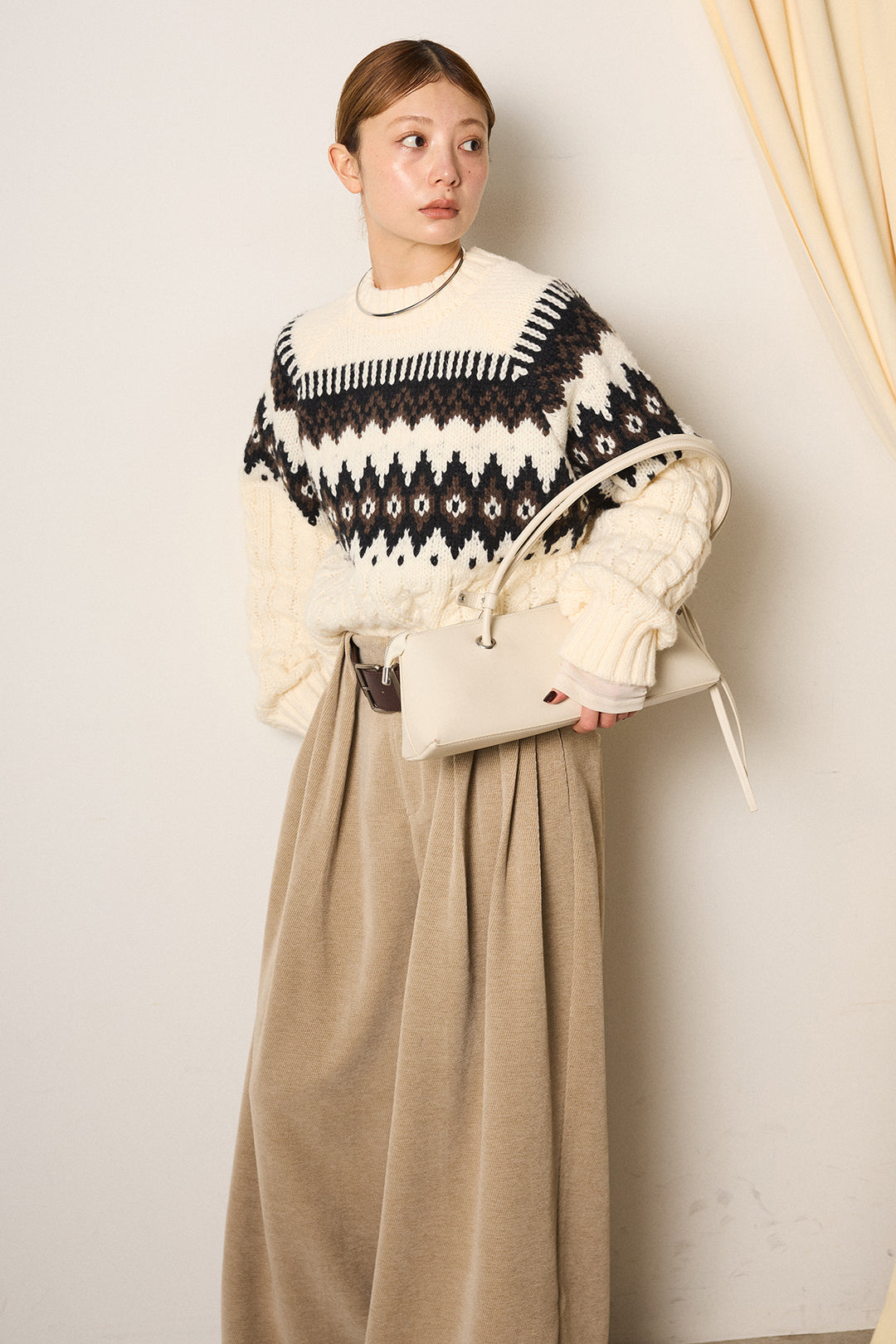 [SET]2WAY求心柄ジャガードショートカーディガン+ベルトループコーデュロイワイドパンツ(2set)