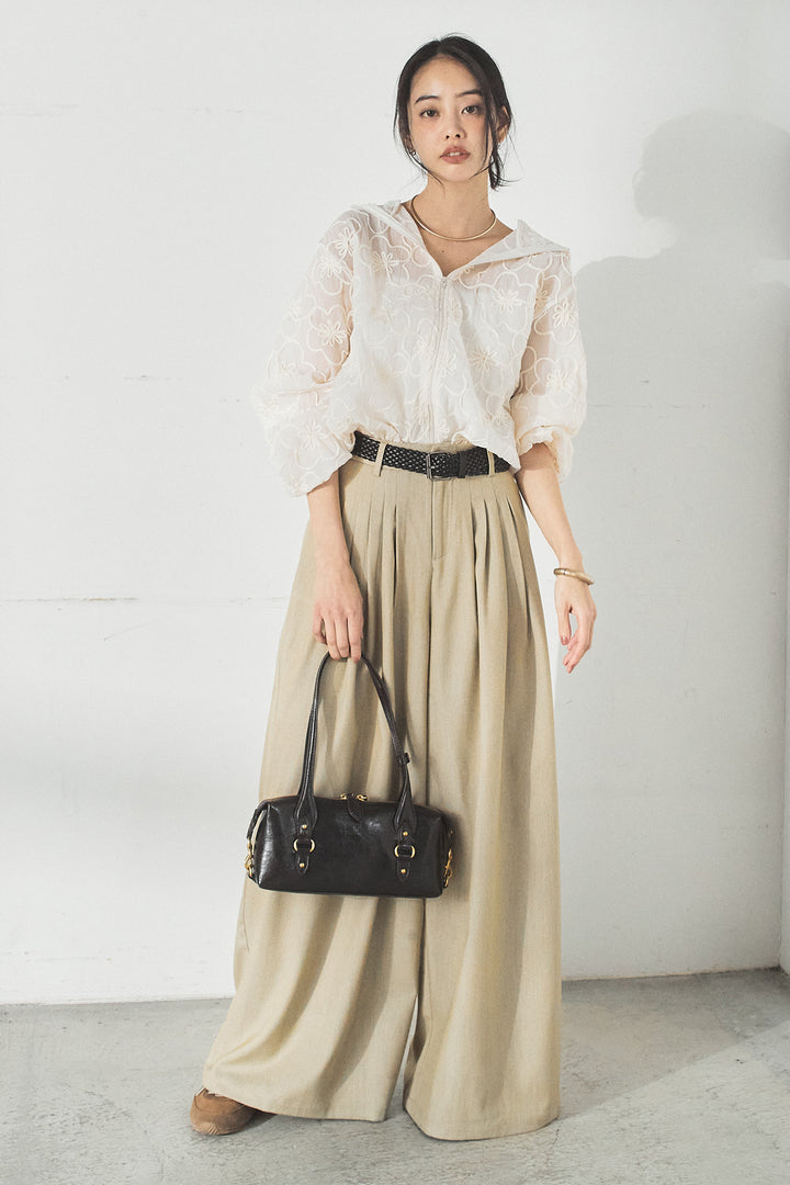 [SET]シアーフラワーフードブルゾン+編みベルト付きウエストタックワイドパンツ(2set)