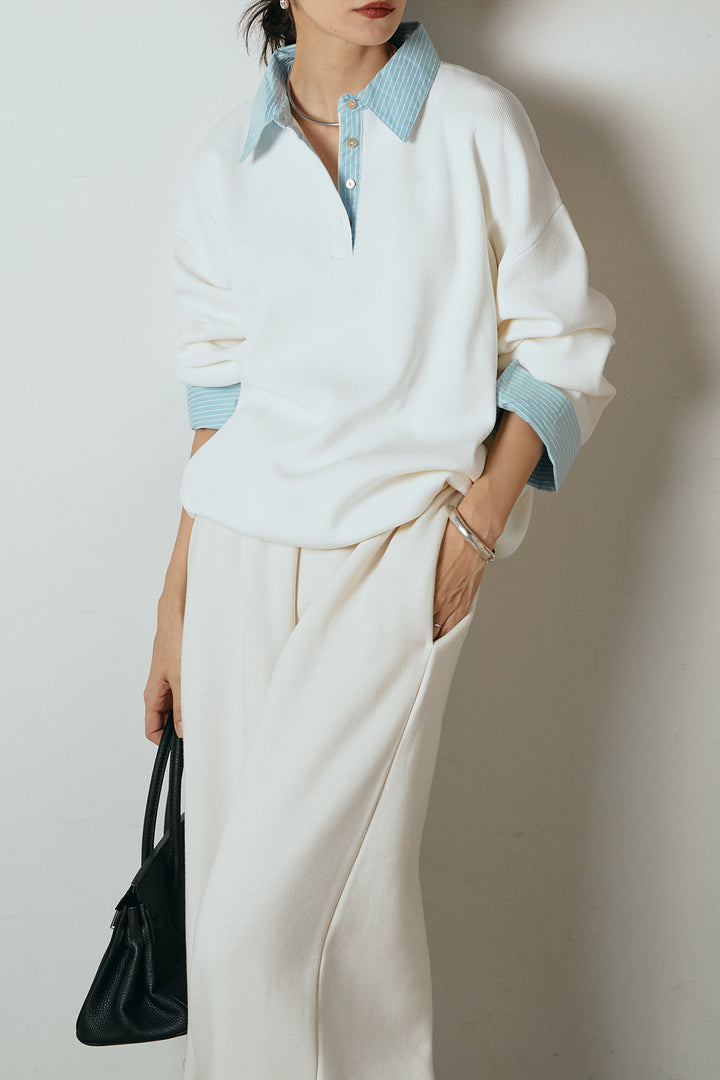 [SET]ストライプシャツドッキングポロトップス+裏起毛スウェットワイドパンツ(2set)