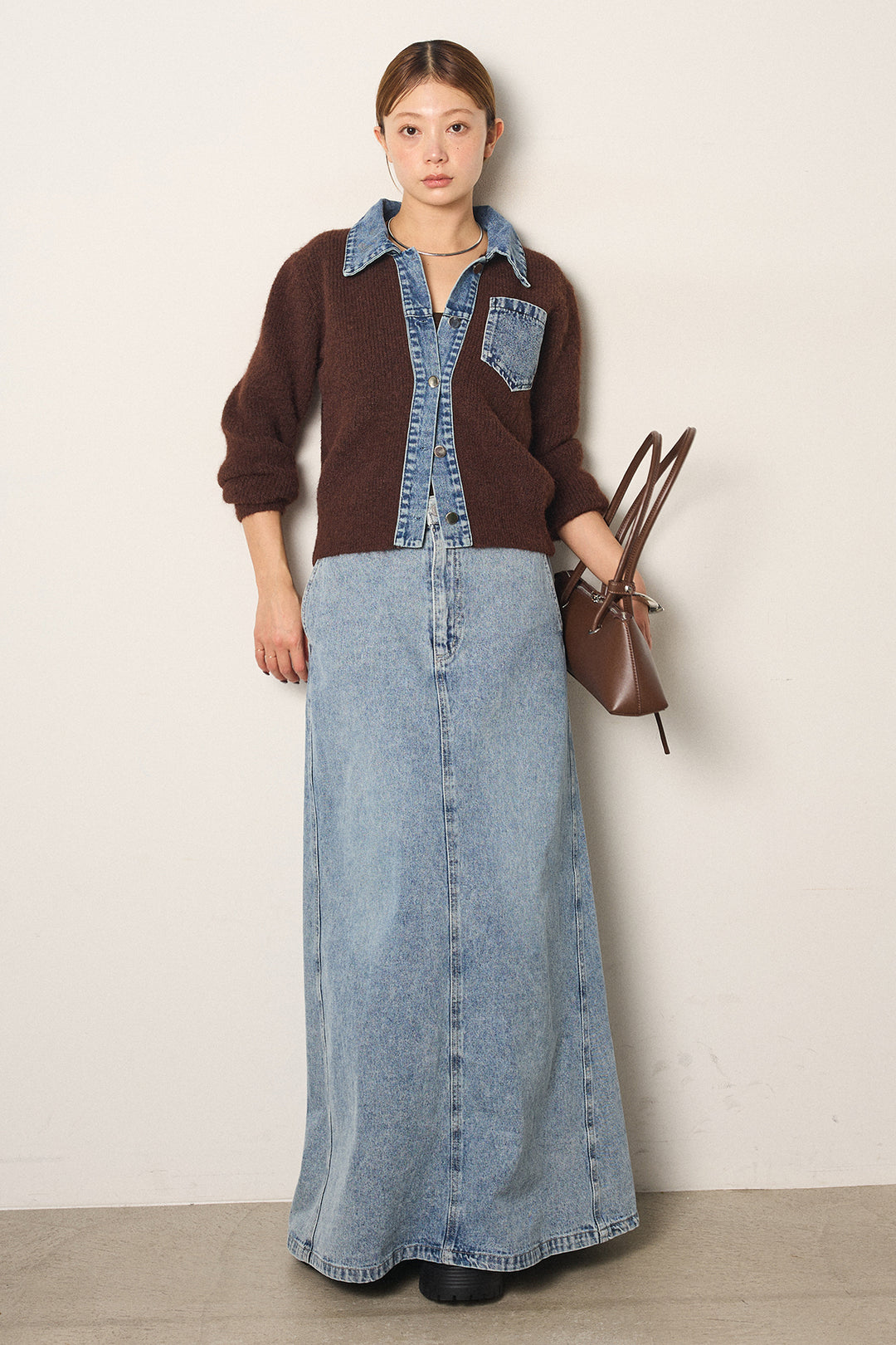 [SET]襟付きデニム切替ニットカーディガン+デニムロングフレアスカート(2set)