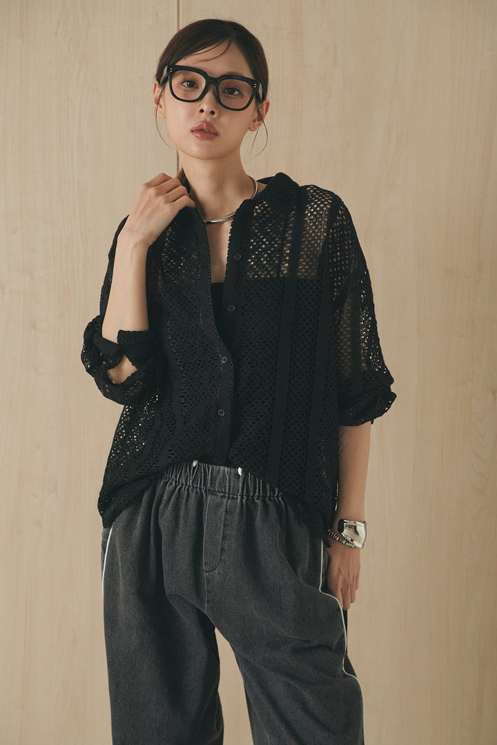 [SET]長袖襟付きレースシャツ+ドロストサイドラインデニムパンツ(2set)