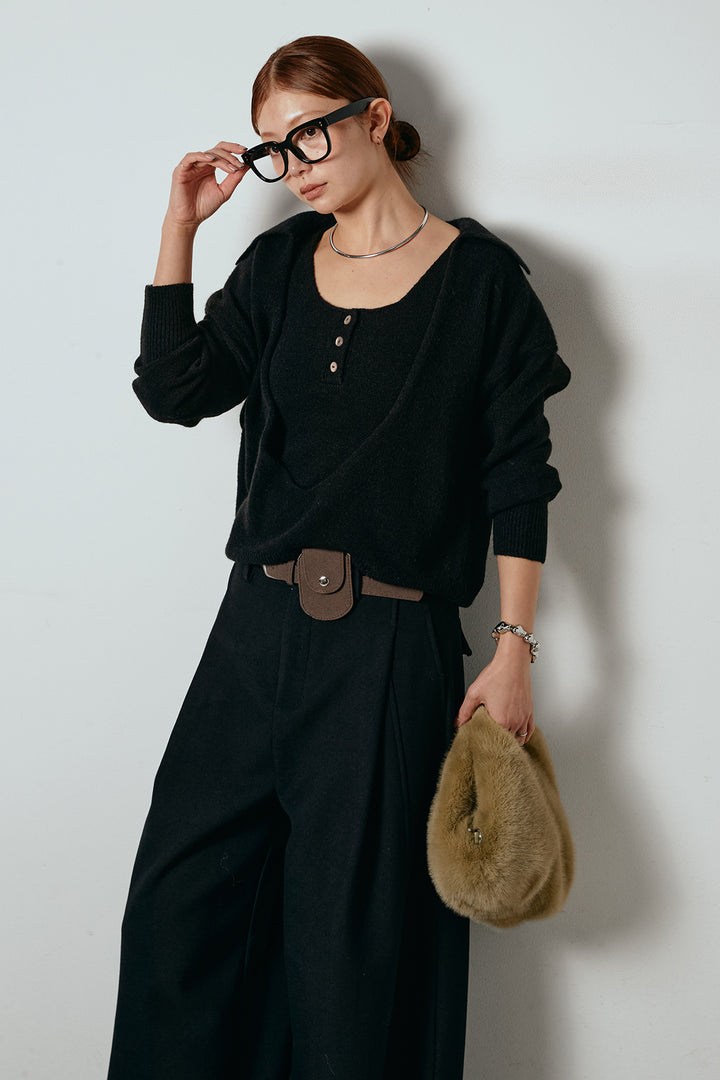 [SET]襟付きレイヤードニットトップス+ポーチベルト付きカーブパンツ(2set)