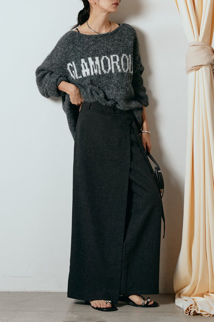 [SET]フロントロゴデザインニットトップス+ラップ巻きワイドスラックス(2set)