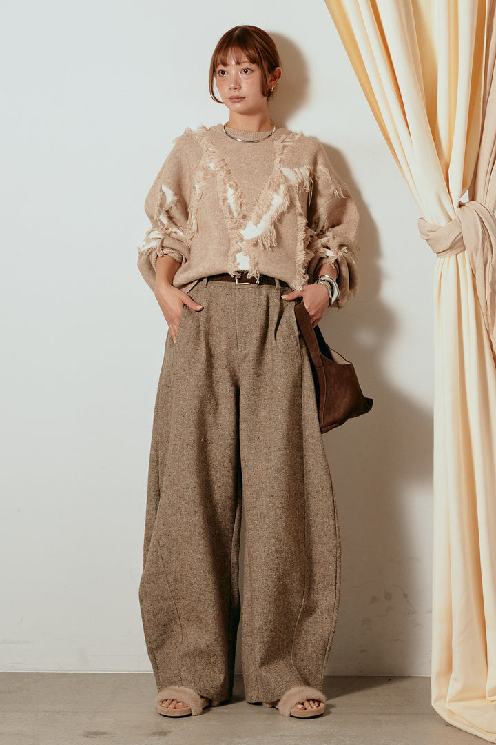 [SET]シャギージャガードニットトップス+ベルト付きネップツイードカーブパンツ(2set)