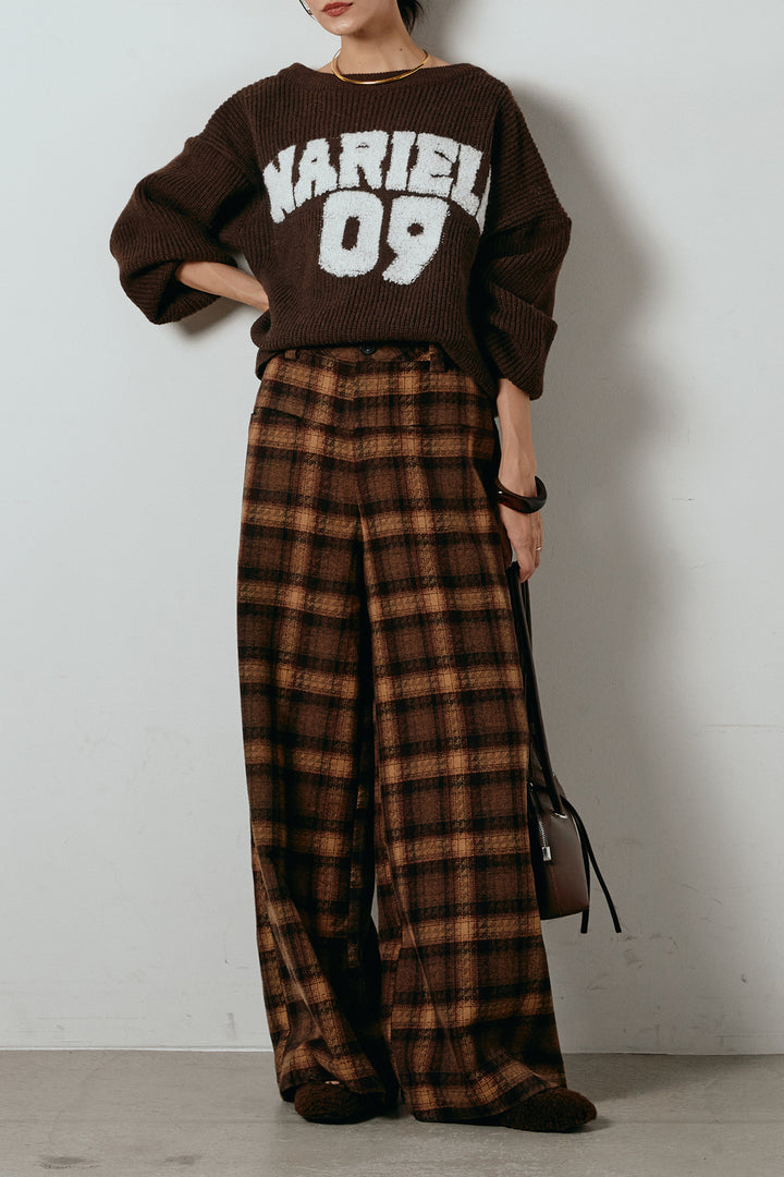 [SET]ロゴジャガードニットトップス+ルーズタータンチェックワイドパンツ(2set)
