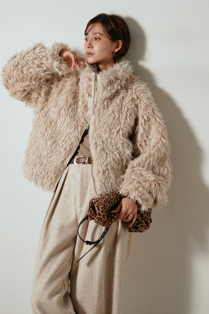 [SET]ミックスシープファースタンドブルゾン+フェイクウールタックトラウザーズパンツ(2set)