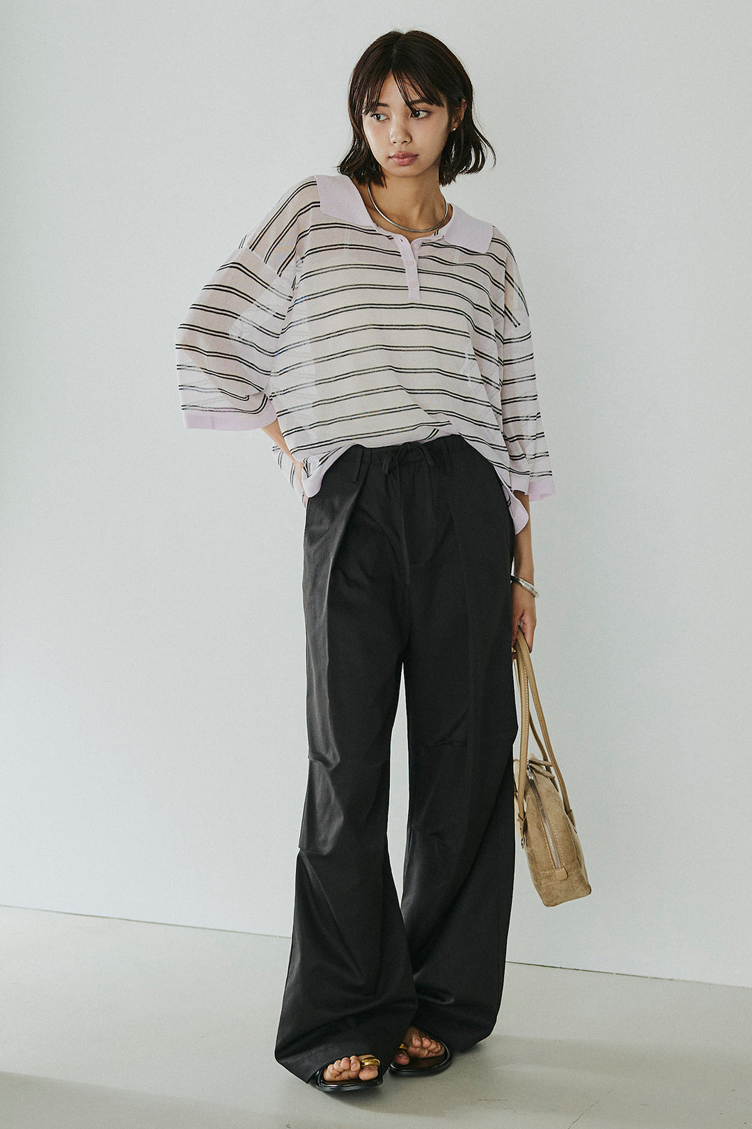 [SET]ボーダーニットポロシャツ+ニーサイドタックウエストドロスパンツ(2set)