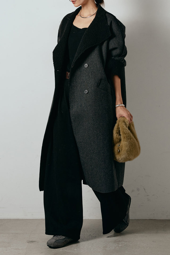 [SET]裏地ボアハイネックロングアウター+フェイクレザー太ベルト付きタックワイドパンツ(2set)