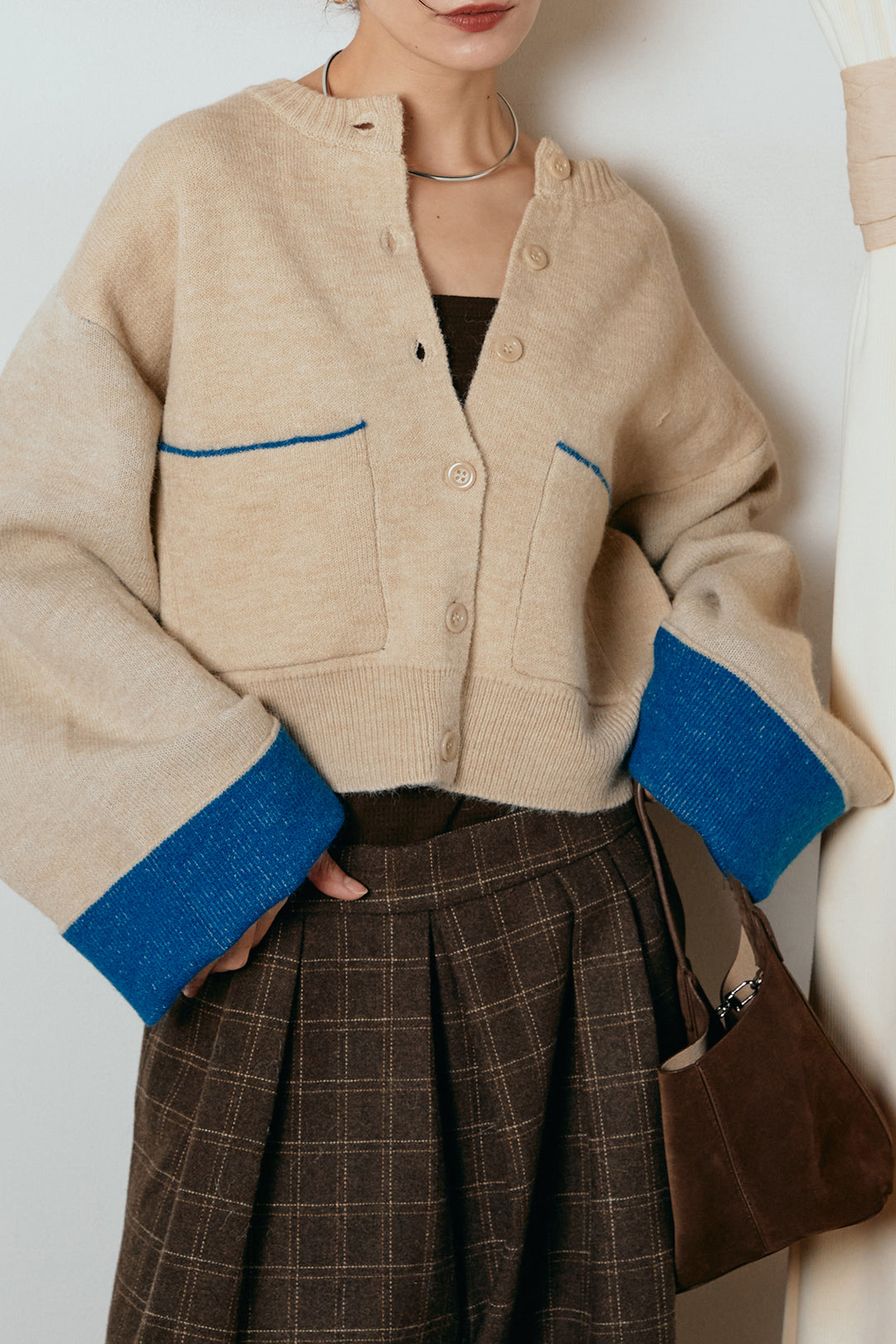 [SET]アルパカタッチダブルフェイスカーディガン+ウールライクチェックタックパンツ(2set)