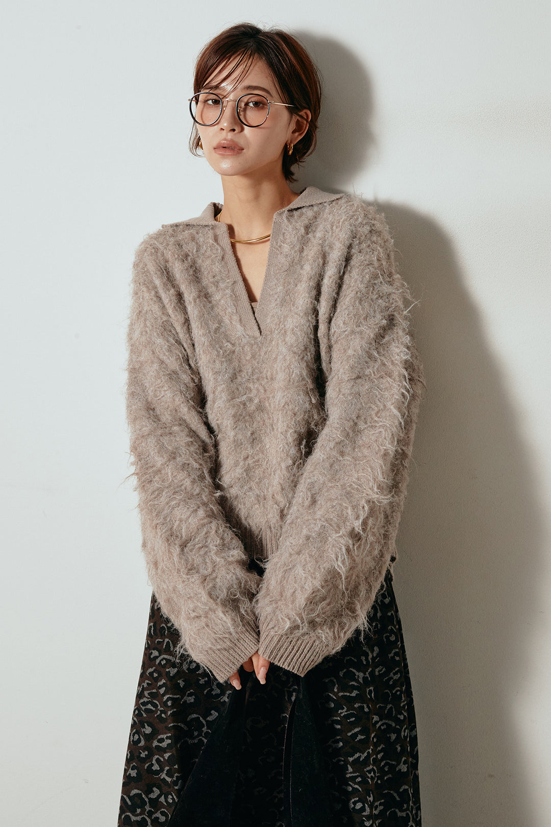 [SET]襟付きシャギーニットポロトップス+レオパードロングスカート(2set)