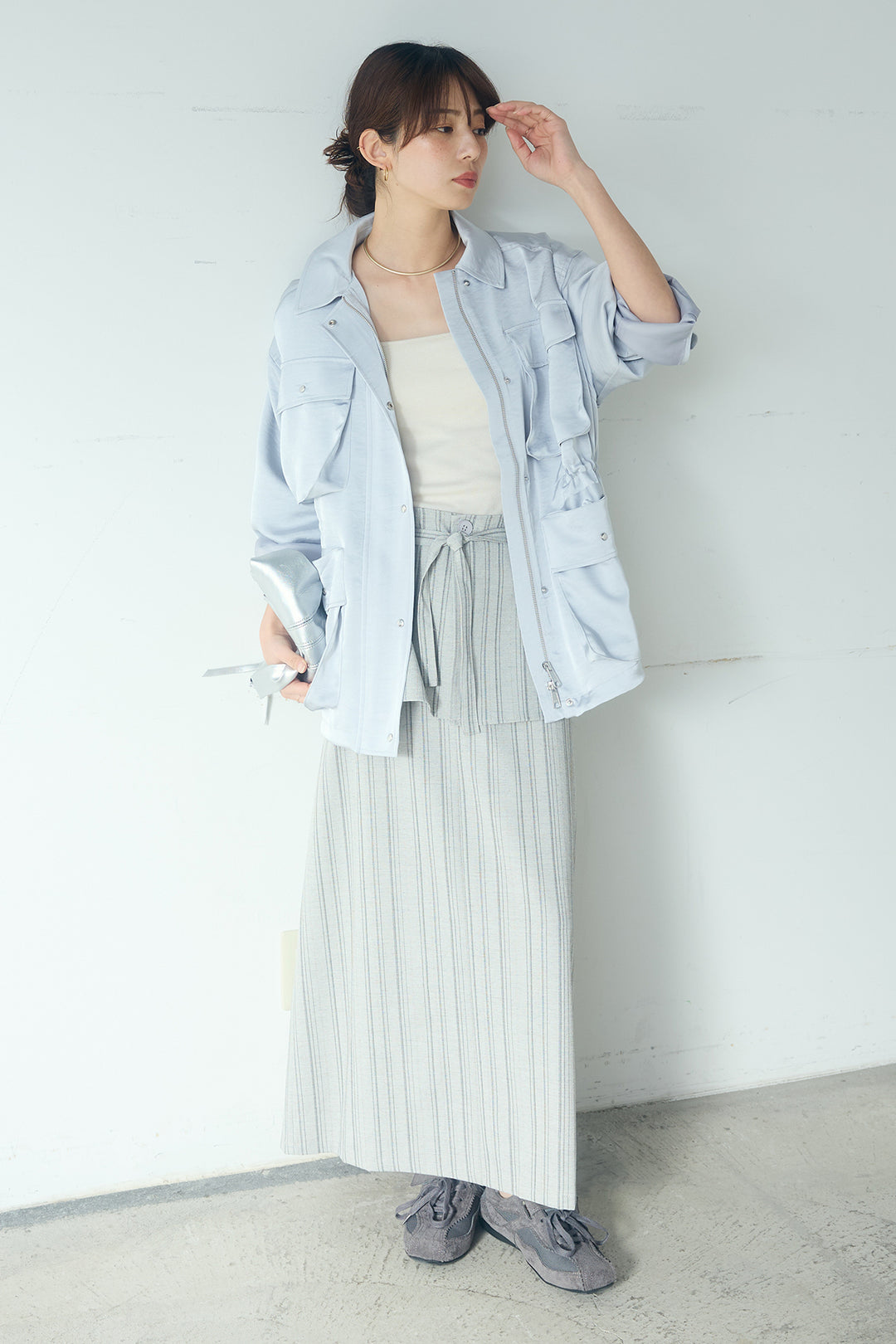 [SET]サテンライトブルゾン+ラップ巻きピンストライプワイドスカート(2set)