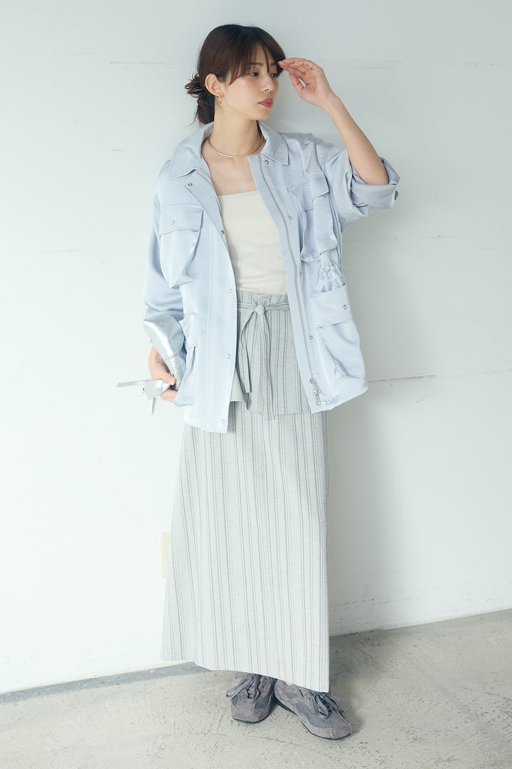 [SET]サテンライトブルゾン+ラップ巻きピンストライプワイドスカート(2set)