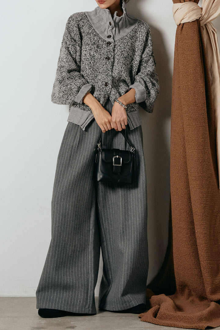 [SET]ハイネックミックスニットカーディガン+ウールライクストライプパンツ(2set)