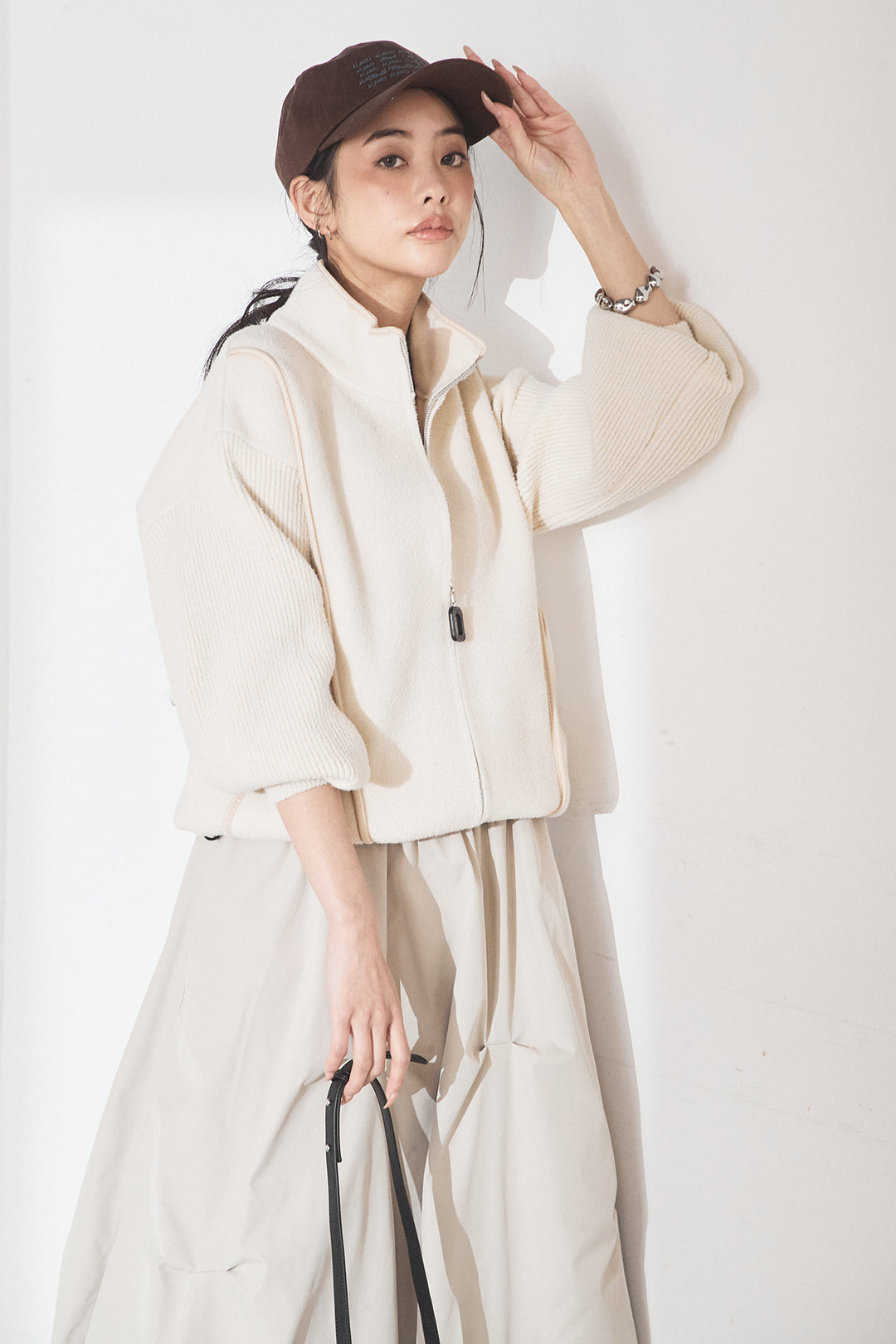 [SET]ハイネックパイピングデザインブルゾン+ランダムタックバルーンスカート(2set)