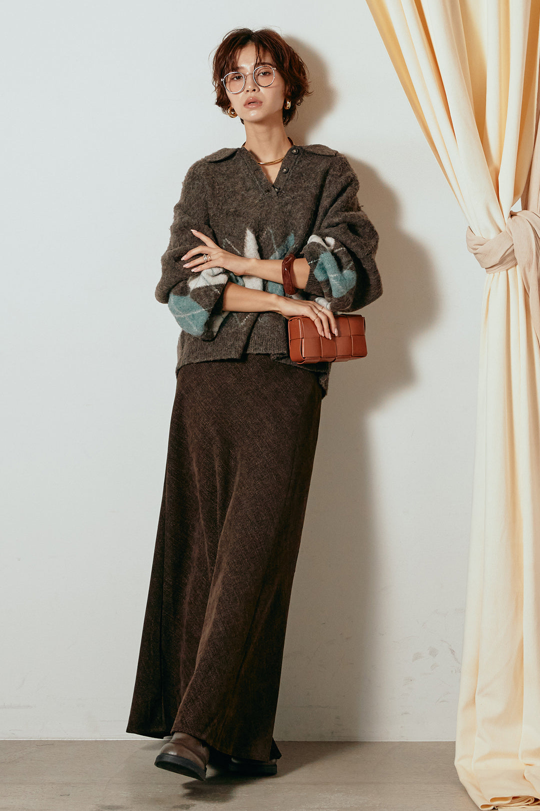 [SET]アーガイル柄ポロニットトップス+スウェードライクロングスカート(2set)