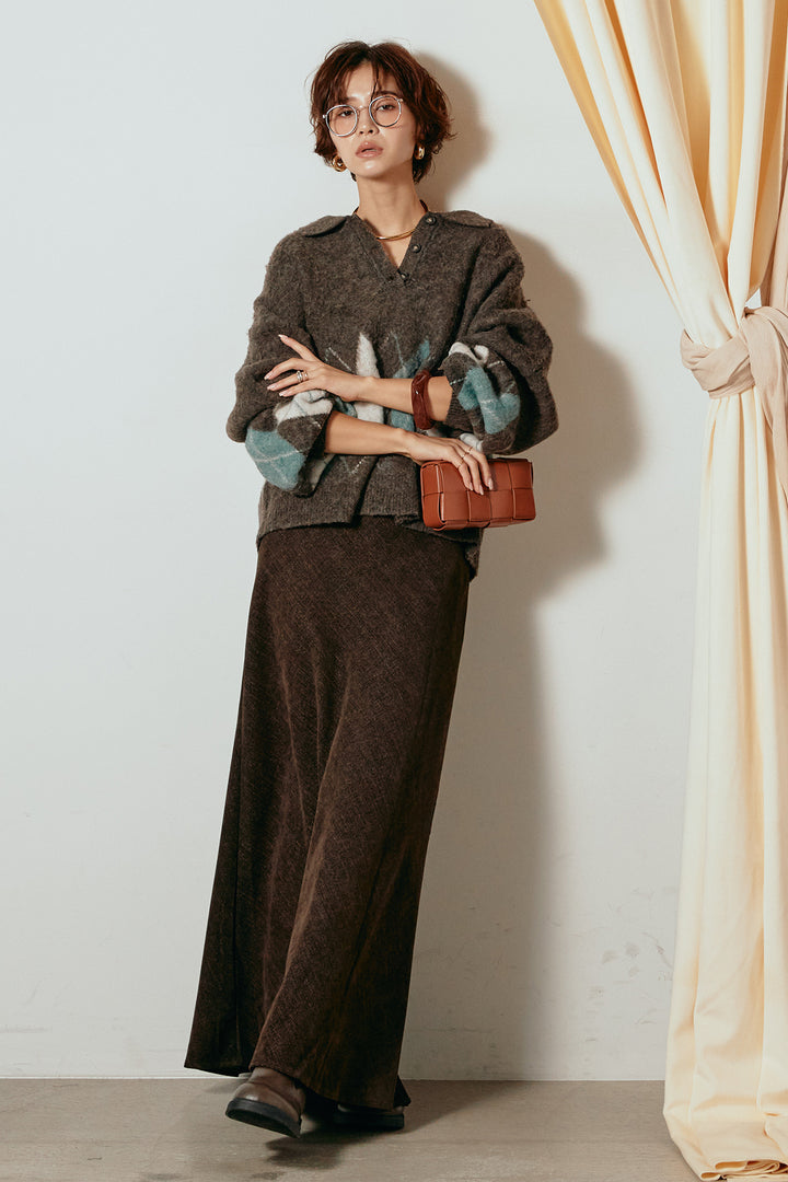 [SET]アーガイル柄ポロニットトップス+スウェードライクロングスカート(2set)