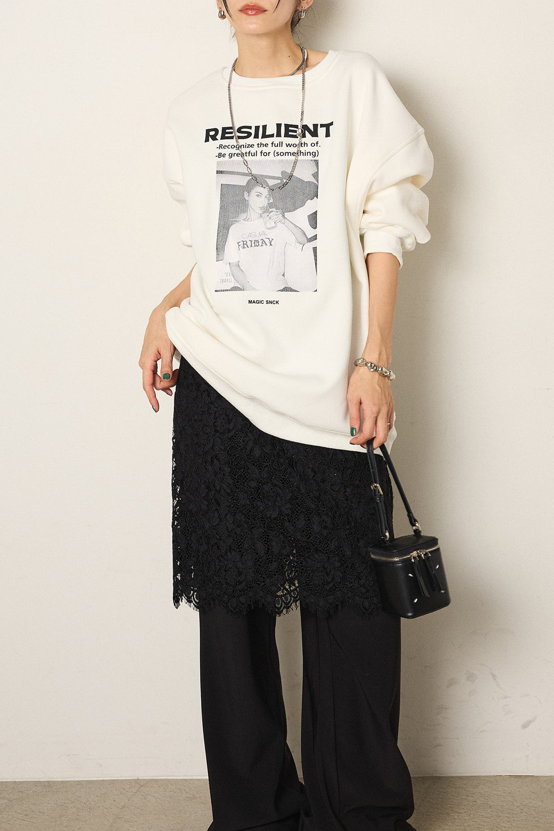 [SET]モノトーンプリントスウェット+レース刺繍レイヤードフレアパンツ(2set)