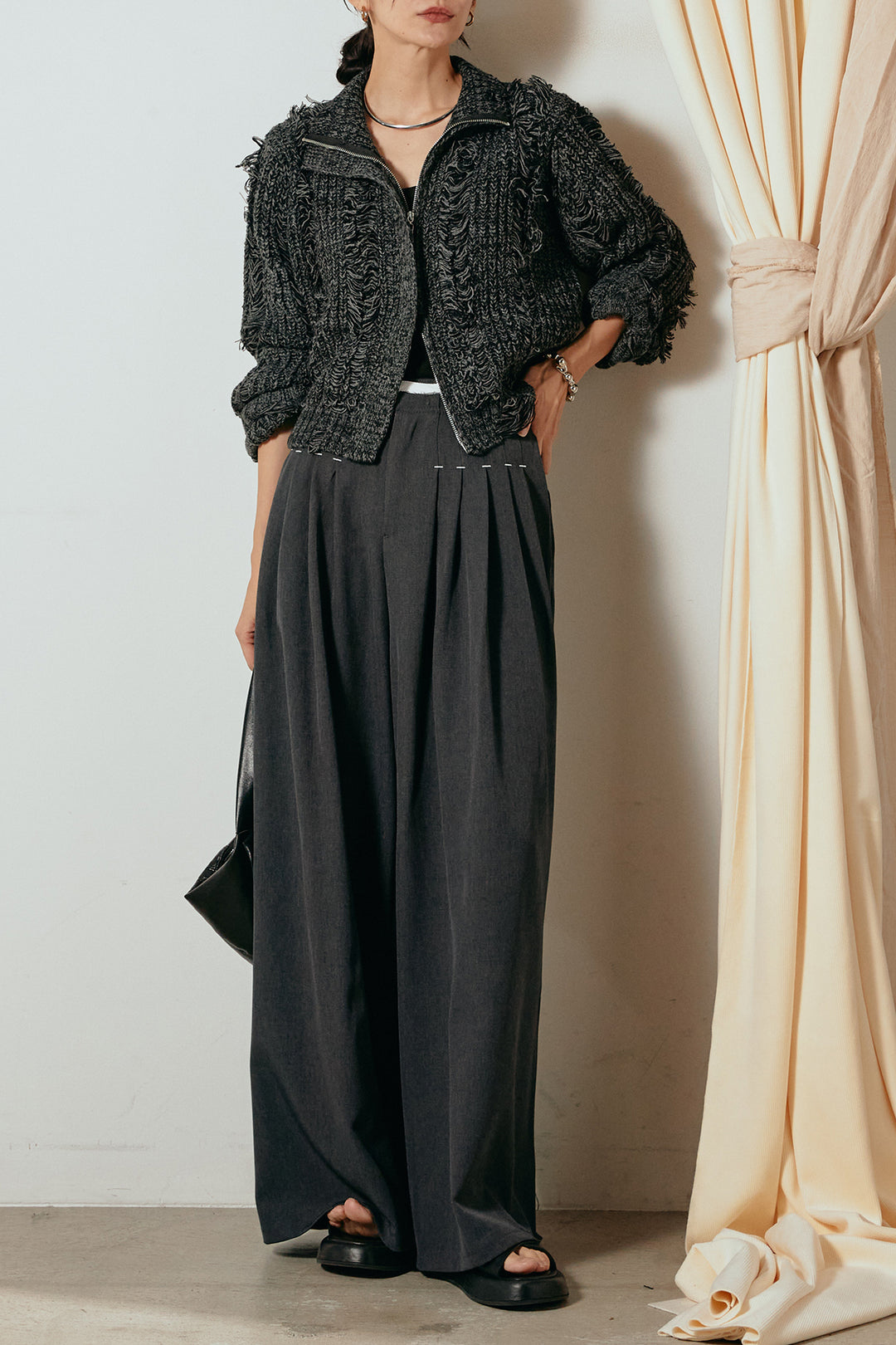 [SET]ハイネックフリンジジップニットトップス+ウエストステッチデザインワイドスラックス(2set)