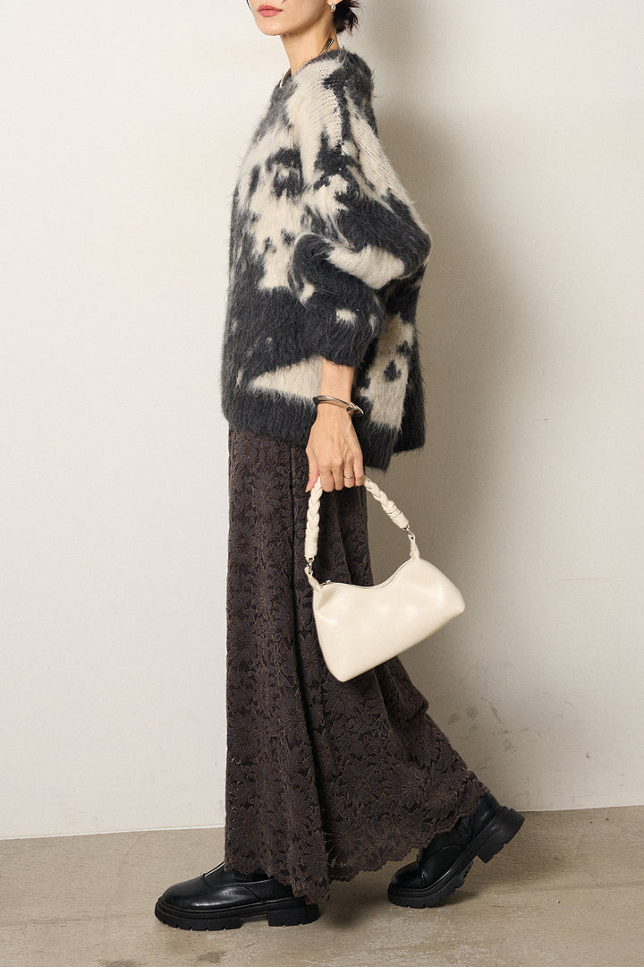 [SET]モヘアタッチマーブルニット+花柄刺繍ベロアフレアスカート(2set)