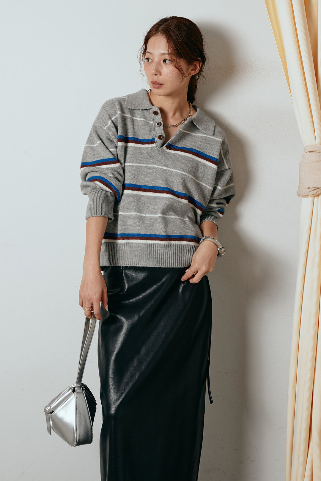 [SET]襟付きマルチボーダーニットポロトップス+紐付きフェイクレザーワイドスカート(2set)