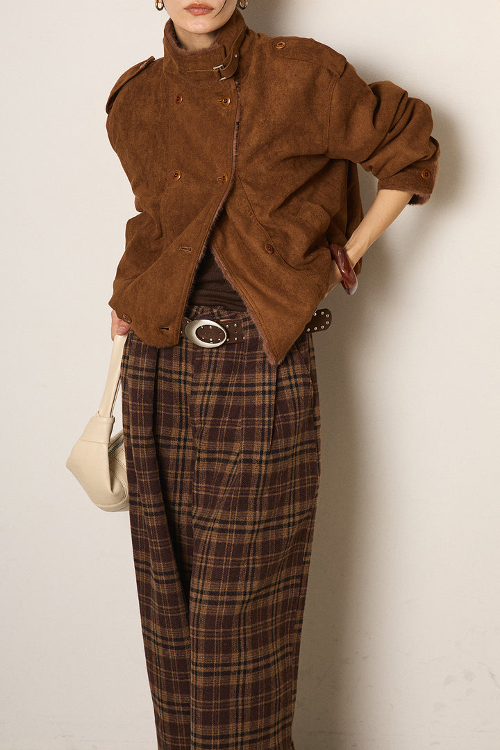 [SET]スタンド襟スウェードライクアウター+スタッズデザインベルトタータンチェックパンツ(2set)
