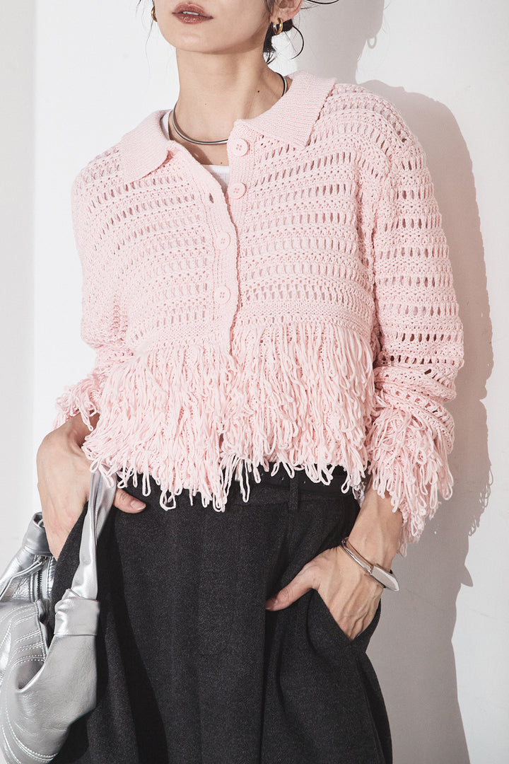 [SET]メッシュフリンジカーディガン+ウールタッチカーブワイドパンツ(2set)