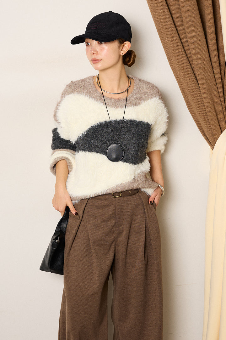 [SET]シャギーウェーブ柄クルーネックニットトップス+細ベルト付き起毛タックワイドパンツ(2set)