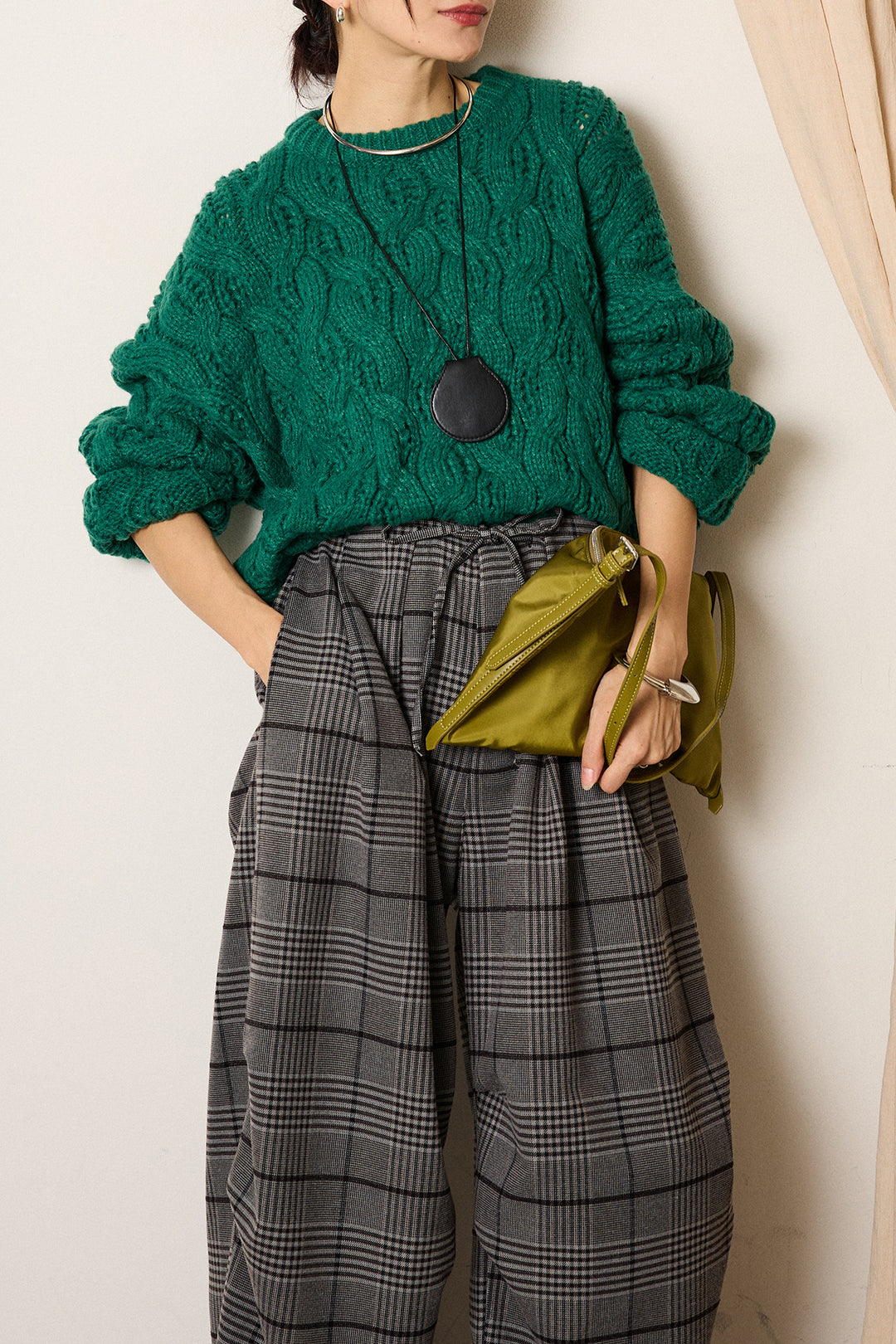 [SET]ケーブルリラックスショートニット+グレンチェックルーズタックパンツ(2set)