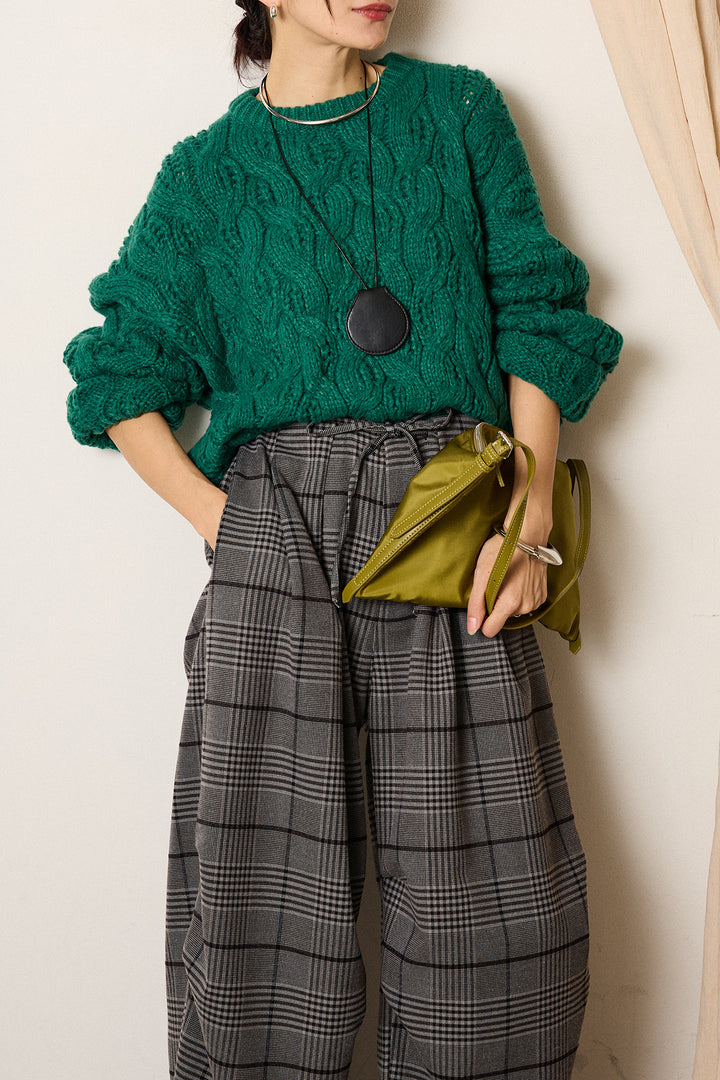 [SET]ケーブルリラックスショートニット+グレンチェックルーズタックパンツ(2set)
