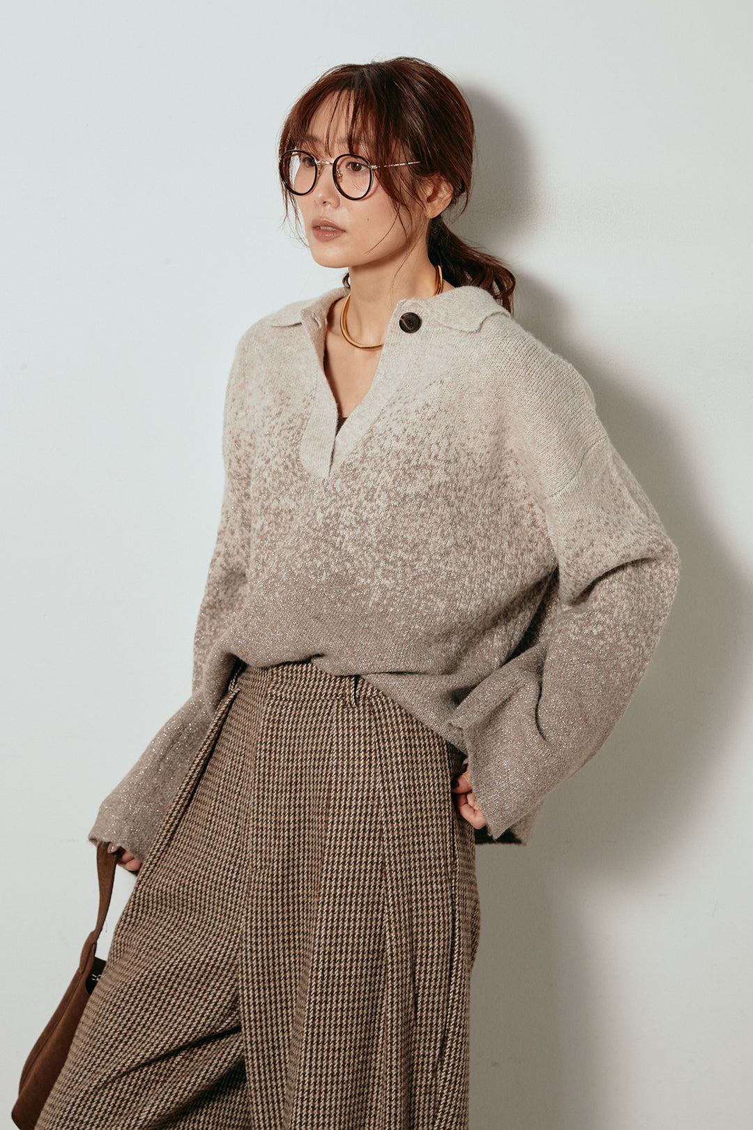 [SET]グラデーションラメニットキーネックプルオーバー+ガンクラブチェックタックパンツ(2set)