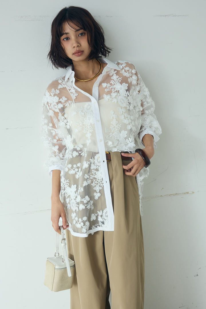 [SET]立体フラワー刺繍レースシャツ+ベルトループデザインハイウエストタックパンツ(2set)